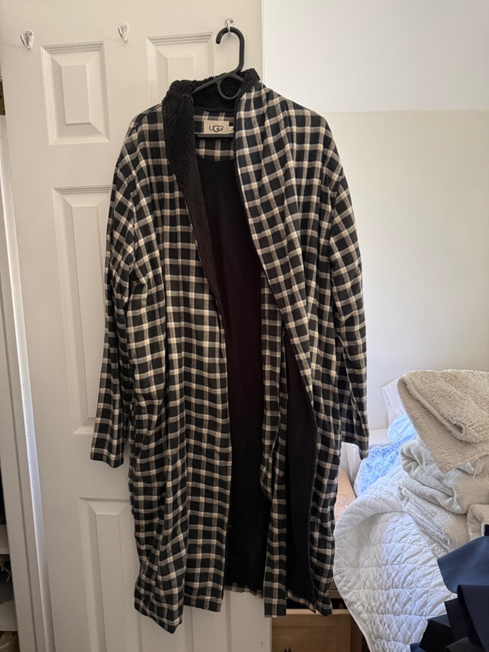 UGG Black and White Plaid Fleece-Lined Trench Coat